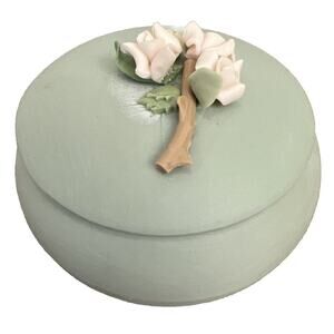 Green Trinket Jewelry box with rose‎ on top.